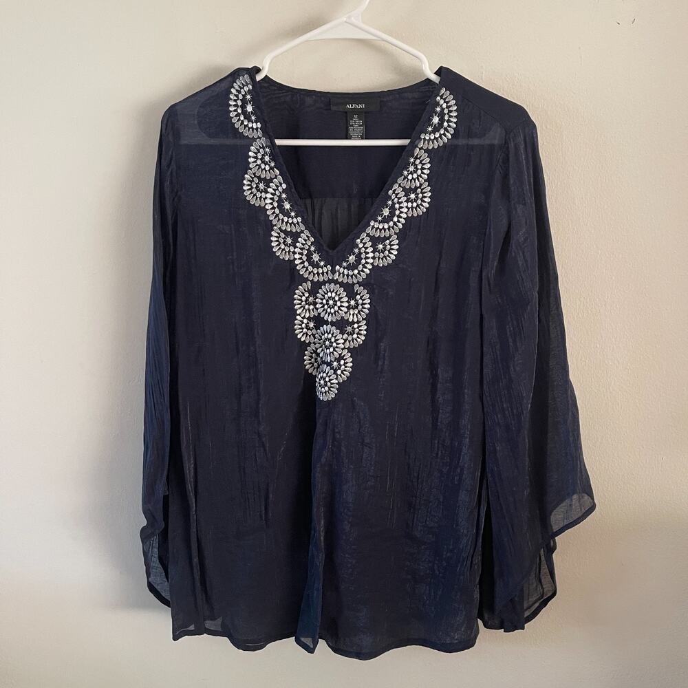 Alfani Blue Embroidered Sheer Blouse Womens 12 Silver Thread Top Cami Missing